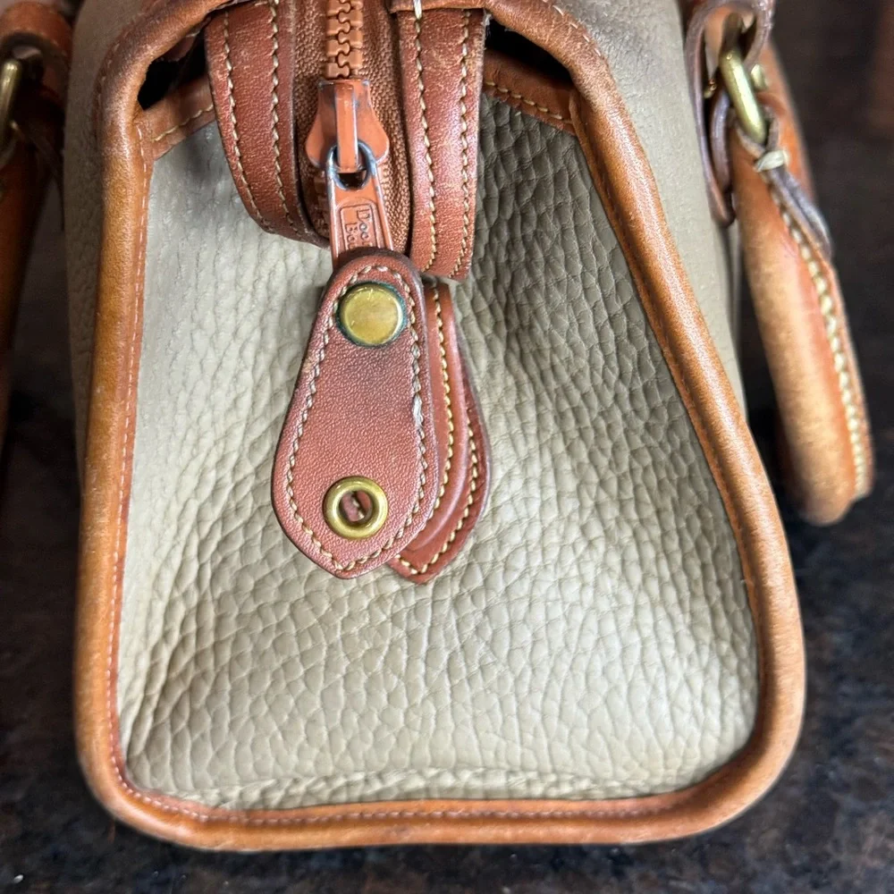 Vintage Dooney & Bourke Olive Green and Brown Leather Satchel with Brass Accents